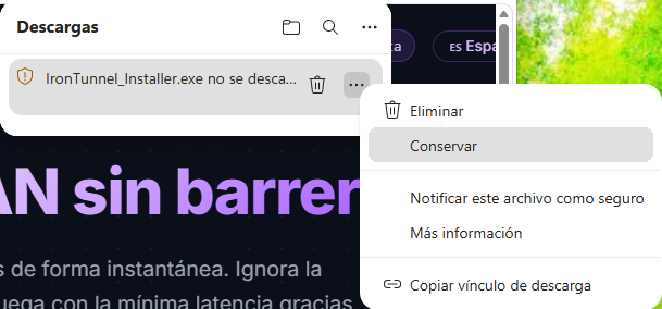 Panel de Descargas del navegador, opción Conservar