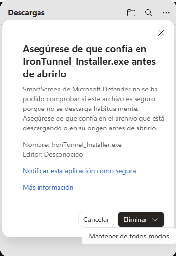 Aviso de SmartScreen, opción Mantener de todos modos